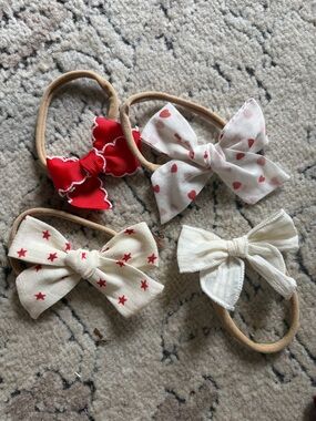 Red & White Heart and Star Bow Hair Elastics Set for Kids